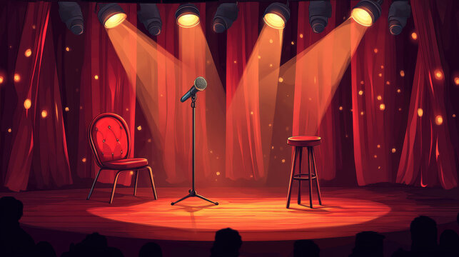 Comedy show stage with microphone and stool. Standup concert, open mike event for comedians on theater scene with red curtains, chair and spotlight, vector cartoon illustration
