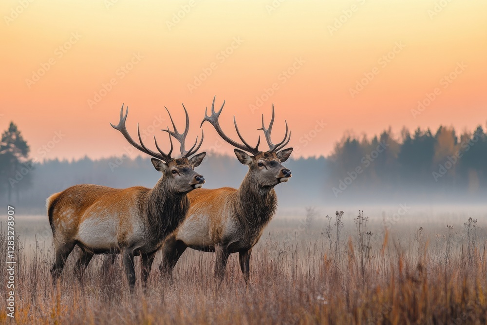 Aufkleber majestic deer pair stands in a misty field during sunrise in a serene forest location. generative ai