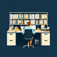 An illustration of a person working at a modern office desk with organized files.