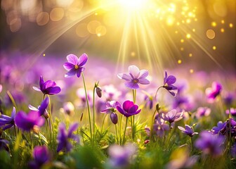 Fototapeta premium Artistic blur and soft focus highlight vibrant purple violets in a dreamy spring macro photograph, showcasing nature's beauty.