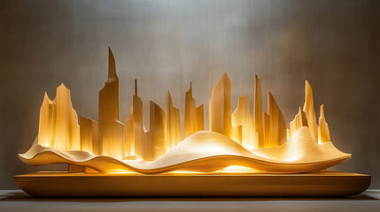 A modern bedroom with a sculptural wooden headboard resembling a stylized skyline, set against a muted monochromatic wall