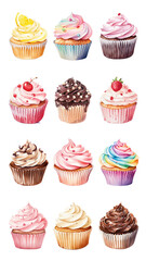 PNG watercolor cupcake element set, transparent background