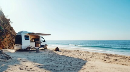 A sleek modern camping car sits on the beach facing the beautiful blue sea in summer