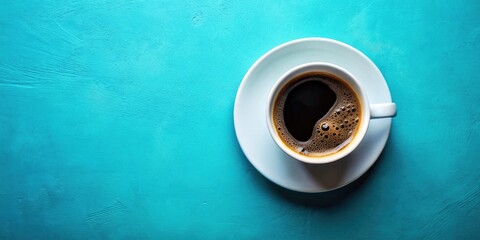 Fototapeta premium Black coffee fills a vintage cup; a close-up, top-down shot against a blue, retro-styled background.