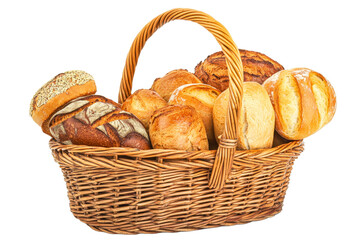 Freshly baked bread assortment in woven basket