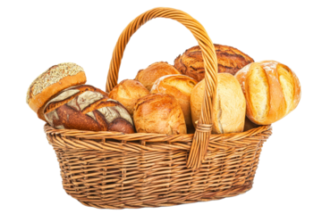 Freshly baked bread assortment in woven basket
