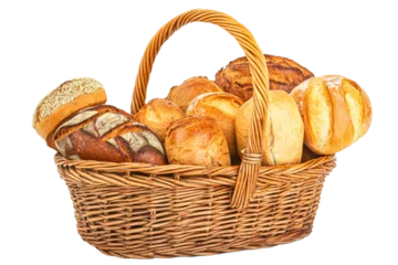 Selbstklebende Fototapeten Freshly baked bread assortment in woven basket © Maestro