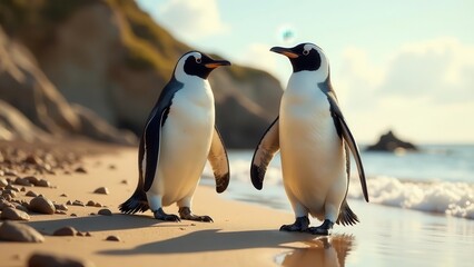 Obraz premium Two penguins on a beach at sunset, a tender moment of avian companionship on a sandy shore