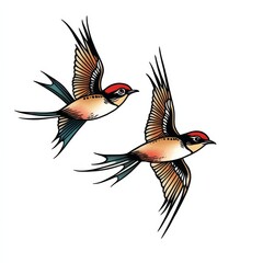Obraz premium Soaring Swallows: Two swallows with graceful, intricate patterns soar freely through the open air, their wings spread wide in a dance of freedom. a symbol of movement, nature.