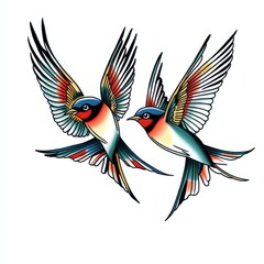 Obraz premium Soaring Swallows: Two swallows gracefully take flight, their wings elegantly outstretched, rendered in a vibrant, illustrated style, symbolizing freedom and nature's beauty.
