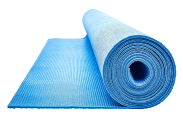 Blue yoga mat rolled up for fitness practice