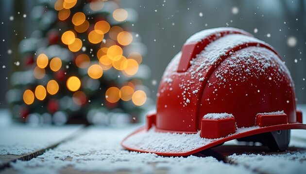 Red hard hat covered in snow with Christmas tree lights in background.