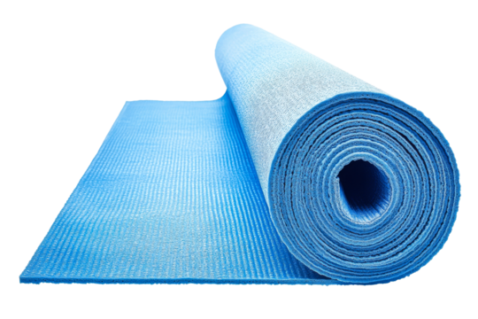 Blue yoga mat rolled up for fitness practice