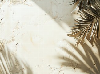 summer background with tropical leaves and shadows on a white table. shadows from palm leaves