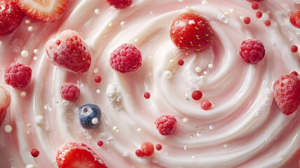 A swirl of cream with strawberries and blueberries on top