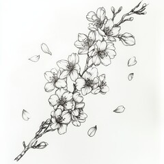Ink Blossoms: Intricate line art gracefully captures a blossoming cherry branch, with delicate petals dancing around the frame, it is a timeless illustration.