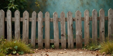 Fototapeta premium Rustic Weathered Wooden Fence with Ground Cover and Fallen Leaves Against a Teal Background