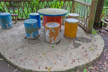 Concrete Table and Bench Set in a Scenic Asian Rural Garden for Outdoor Relaxation and Tranquility