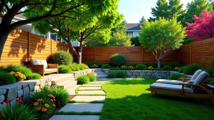 Obraz premium Serene Backyard Oasis Landscaped Garden with Wooden Fence, Stone Walls, Lush Greenery, and Relaxing Patio Furniture