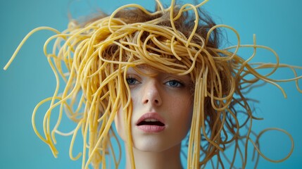 Unique hair design featuring spaghetti strands in a creative art portrait