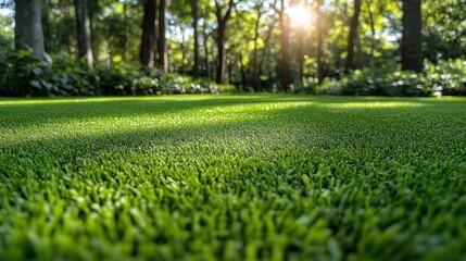 Lush green lawn in park, sunlight filtering through trees