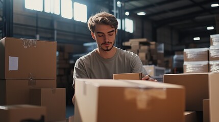 A young man works in a warehouse surrounded by cardboard boxes
