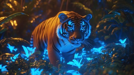 Majestic Tiger Roaming Through Vibrant Night Jungle Scene