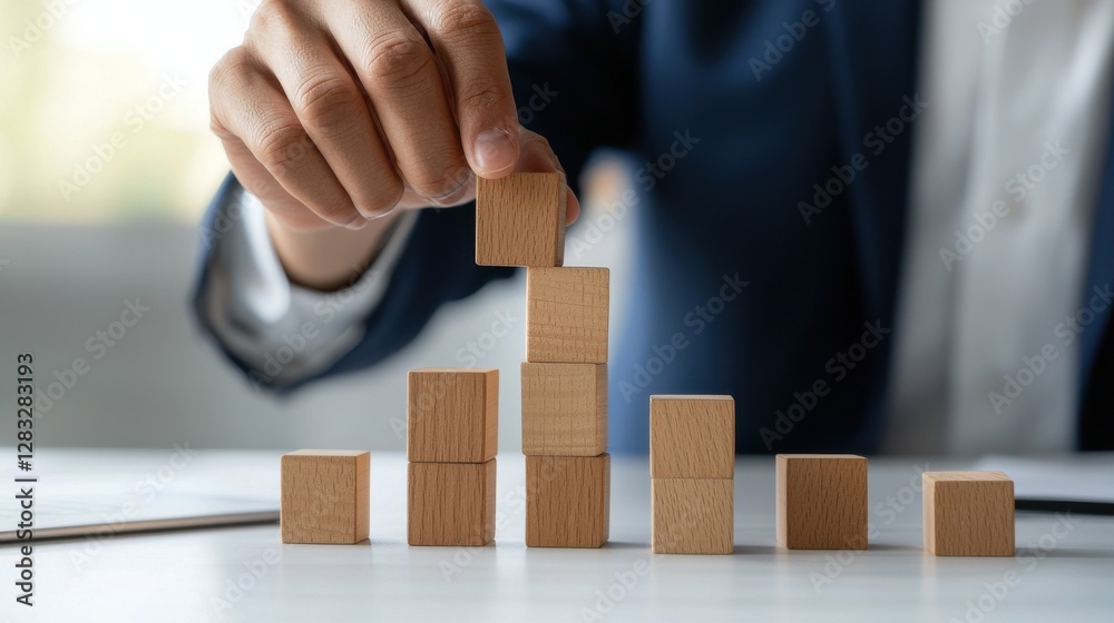 Poster a man is holding wooden blocks and stacking them on top of each other