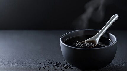 Close-up of a black bowl with a silver spoon in it. the bowl is placed on a black surface with small black seeds scattered around it.