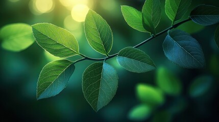 Fototapeta premium Lush leaves branch, dappled sunlight, forest background, nature detail