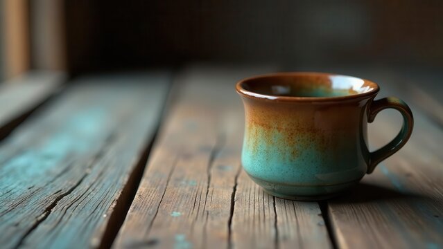 Rustic Wooden Surface with a Handcrafted Ceramic Mug Featuring a Two-Tone Glaze