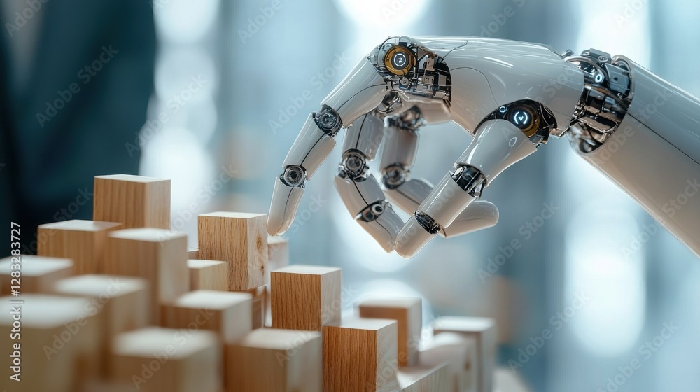 Aufkleber a robot hand is touching a stack of wooden blocks