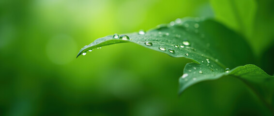 Green leaf with raindrops. Environment ecology.