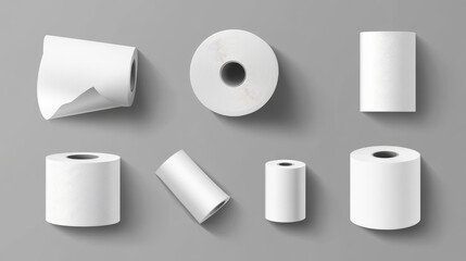 White toilet paper or hygiene tissue roll mock up. Realistic vector set of kitchen towel with carton spool cylinder tube standing and lying isolated on grey background. Blank lavatory napkin scroll.