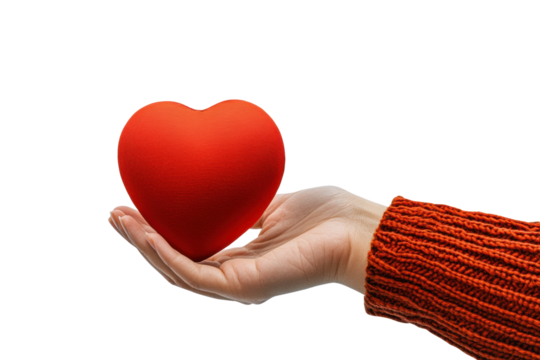 Female hand holding decorative red heart shape, cut out