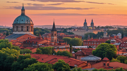 Obraz premium Pink and purple sky over the terracotta rooftops, domes and towers of toulouse, france, at sunset