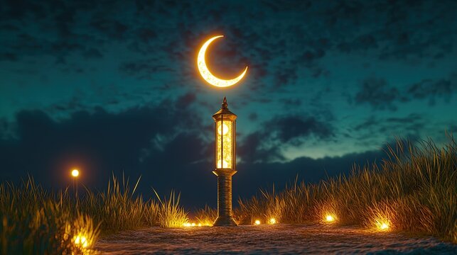 A tall crescent lantern illuminated in the middle of a quiet hilltop