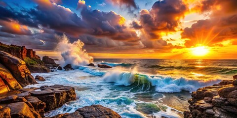 Coastal seascape: fiery sunset, crashing waves, and dramatic rock formations.