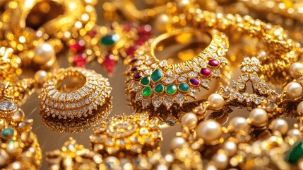 Elegant Golden Jewelry Collection with Colorful Gemstones and Pearls