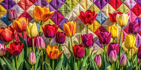 Obraz premium Colorful tulip quilt, a vibrant spring floral patchwork handmade with textile art.