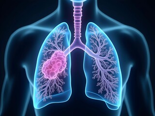 Futuristic 3D medical illustration of human lungs with a glowing respiratory system, symbolizing lung health, breathing, and pulmonary science. Ideal for healthcare, technology, and medical concept