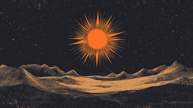 A vibrant illustration showcases a bold sun rising above rugged mountains, reminiscent of ancient Assyrian art. Assyrian New Year