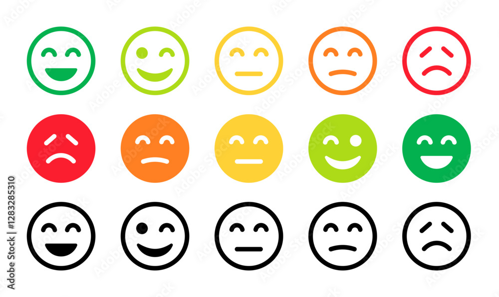 Poster customer satisfaction feedback rating emoticon vector icon set, collection of colorful and black emo
