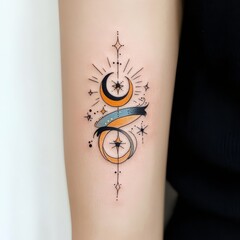 Celestial Tattoo: A delicate and minimalist tattoo design featuring a stylized crescent moon and stars, symbolizing connection to the cosmos and personal growth.