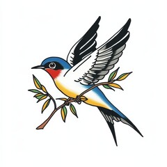 Fototapeta premium Soaring Swallow Perched: A charming swallow with vibrant plumage perches gracefully on a delicate branch, its wings gently spread in anticipation of flight. Capturing a moment of serene beauty.