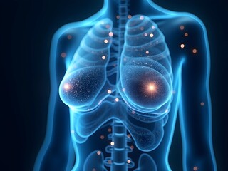3D visualization of female breast anatomy with glowing blue translucent effect, detailed mammary structure with illuminated particles, medical examination or breast cancer awareness concept
