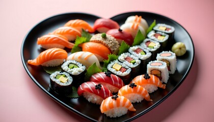 Assorted sushi platter on heart-shaped black plate with pink background.