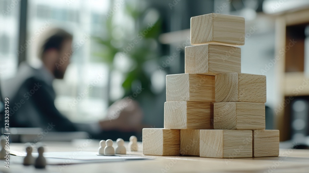 Fototapete a stack of wooden blocks on a table with a man in the background