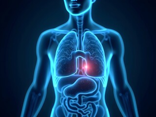 Futuristic 3D medical illustration of human lungs with a glowing respiratory system, symbolizing lung health, breathing, and pulmonary science. Ideal for healthcare, technology, and medical concept
