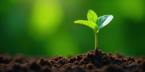 A Delicate Seedling Emerges from Rich Earth, Reaching Towards Sunlight in a Lush Green Environment